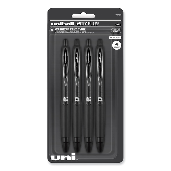 Uni-Ball Gel Pen 207 Plus+, Retractable, Medium 0.7 mm, Black Ink, Black Barrel, 4PK 70460 - main